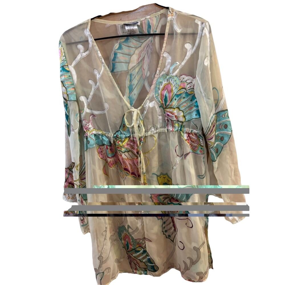 Surface Babydoll Sheer Blouse beach Cover Up Butterfly Scroll Design Sz L